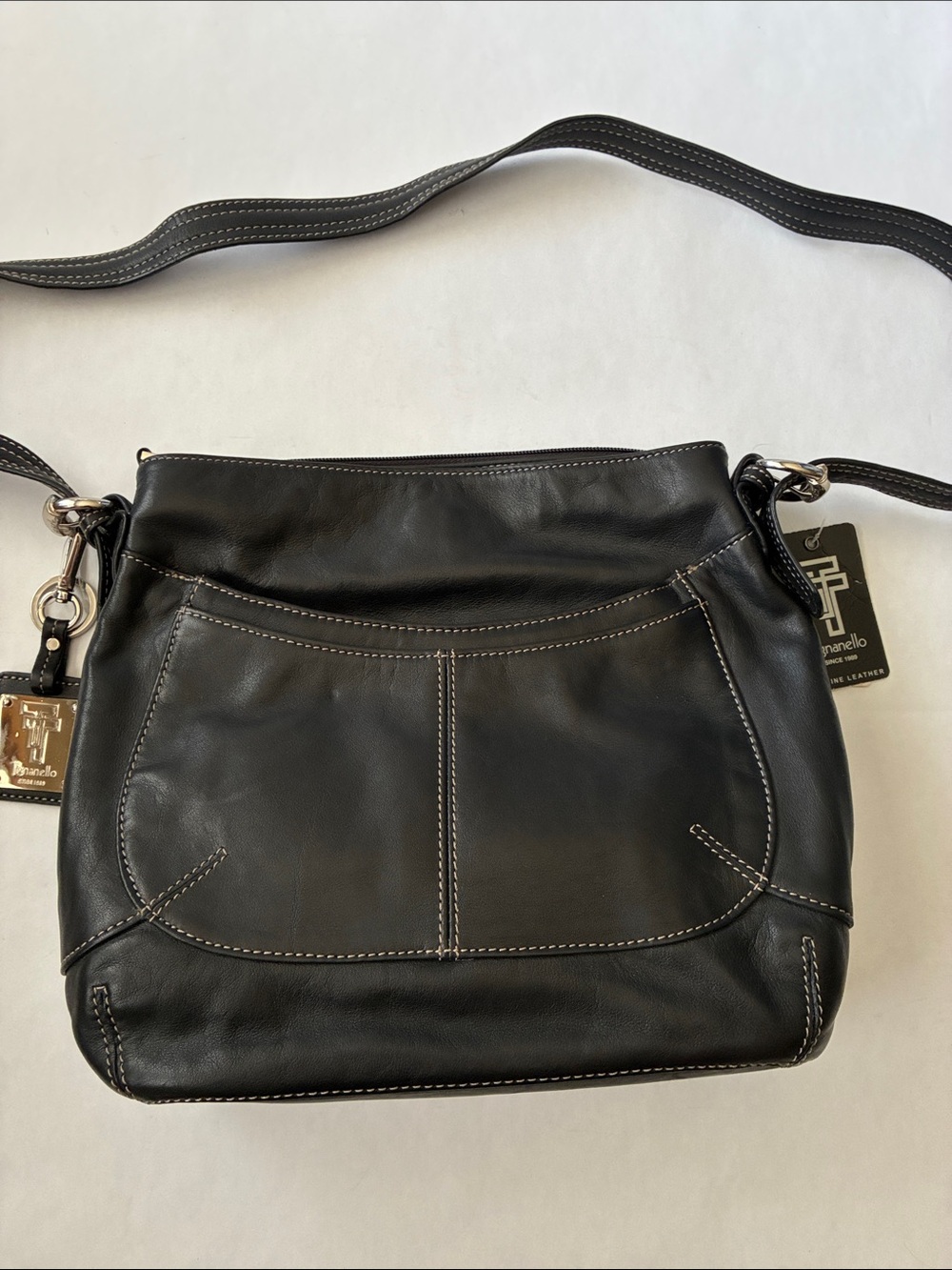 Tignanello Black Leather Crossbody with Contrast Stitching